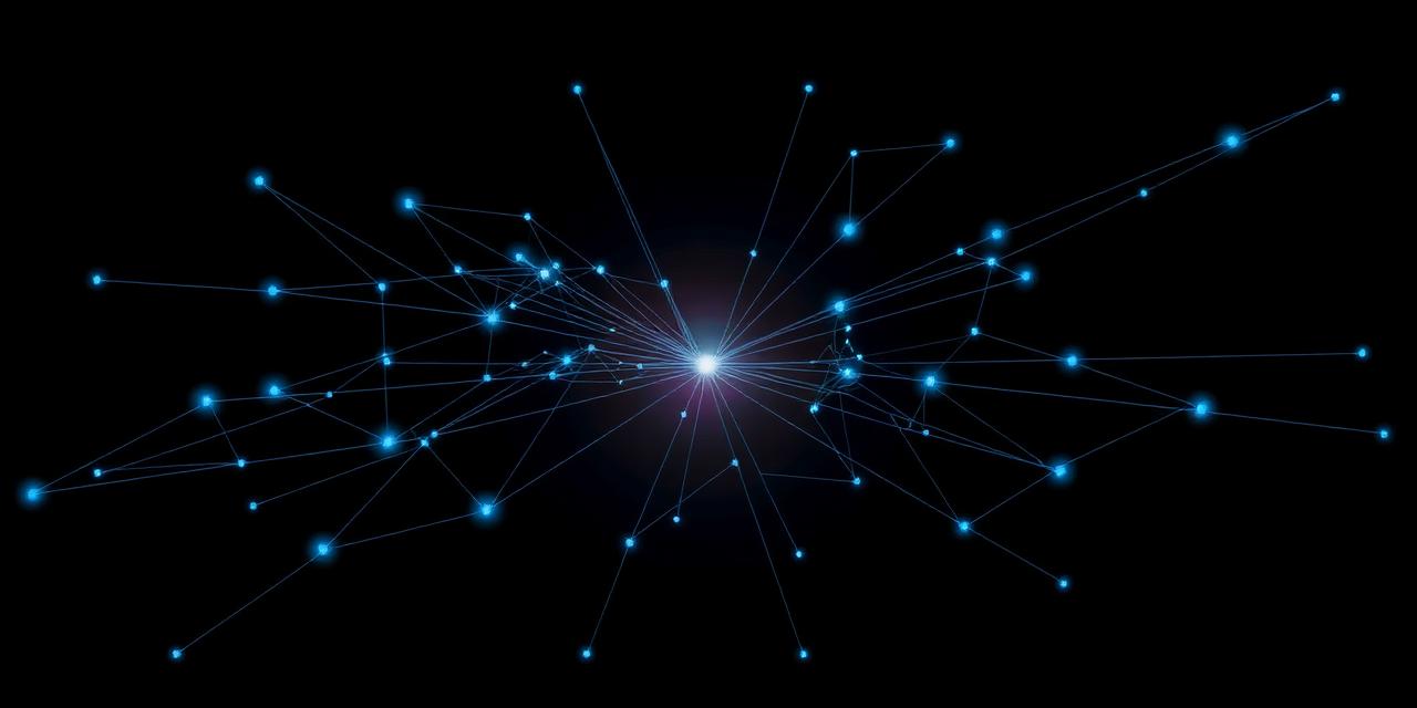 Abstract network of blue nodes converging into a single bright point