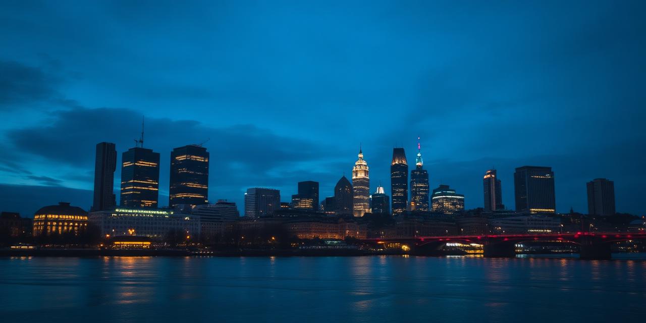 Frankfurt skyline at blue hour seen across the river