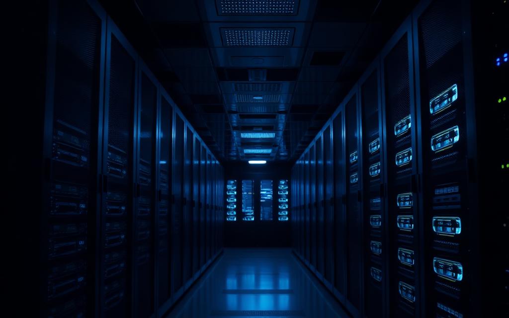 Data centre corridor with illuminated server racks