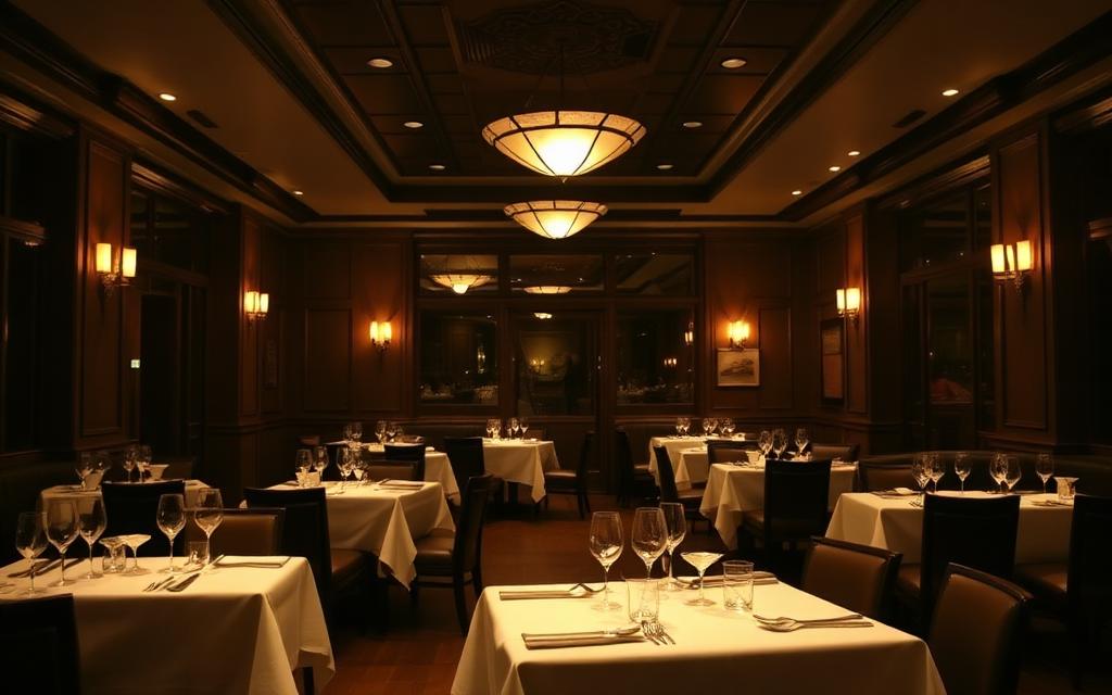 Fine dining room with white linen tables