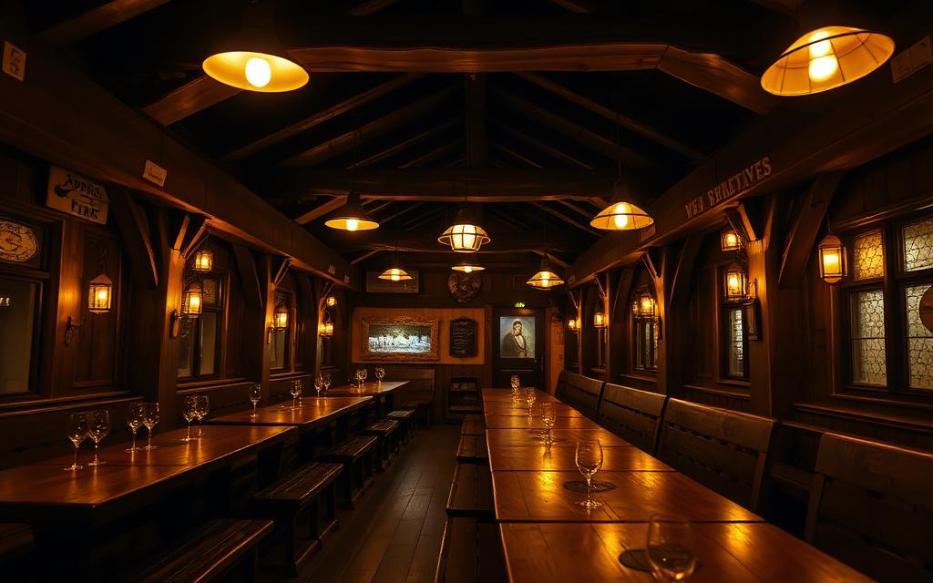 Traditional apple wine tavern with long wooden benches