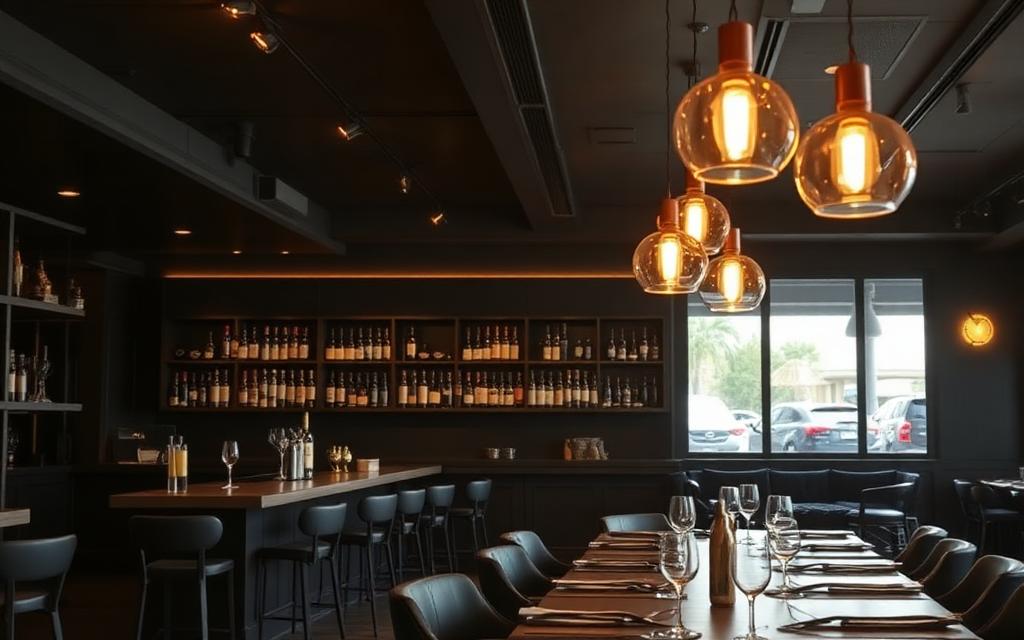 Modern wine bar interior with pendant lighting