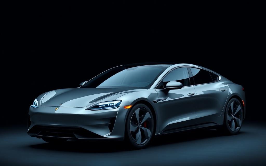 Grey aerodynamic electric sedan, front three-quarter view