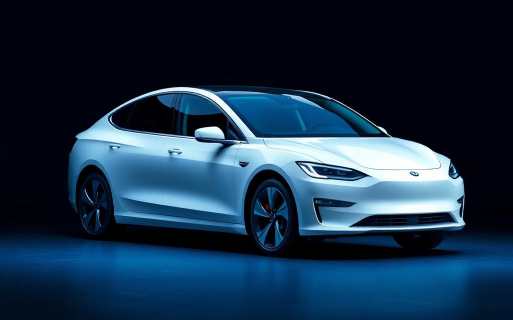 White electric sedan with glass roof, front three-quarter view