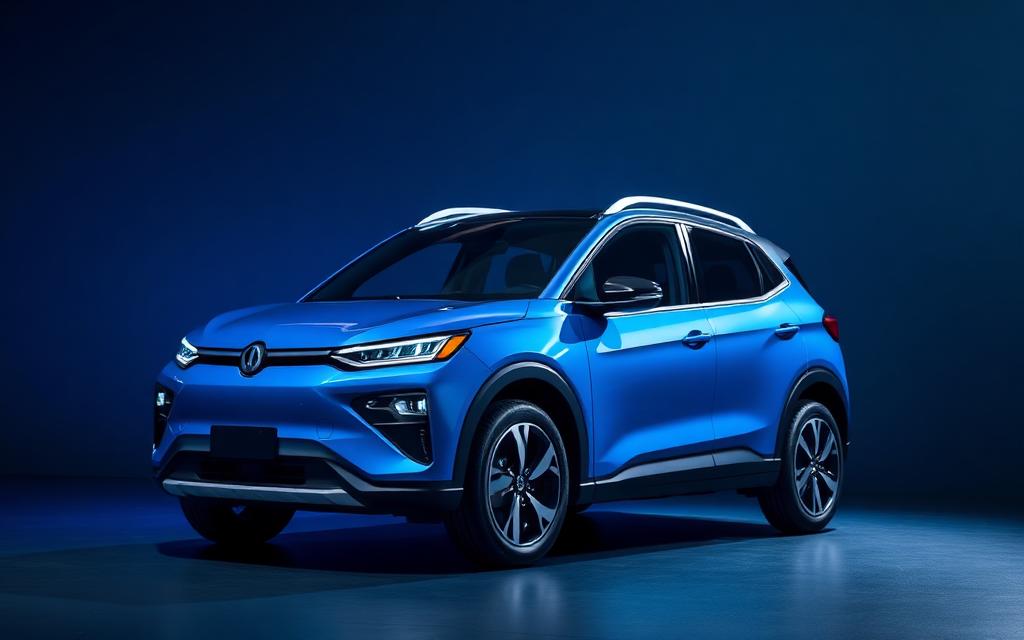 Compact blue electric crossover, front three-quarter view
