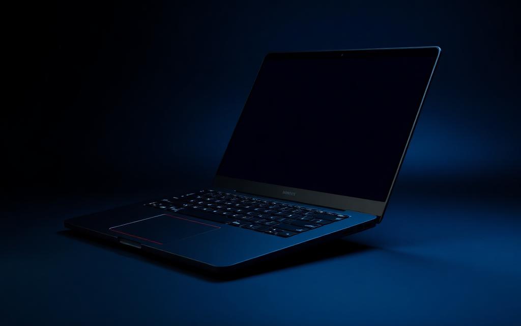 Matte black business ultrabook, open at an angle