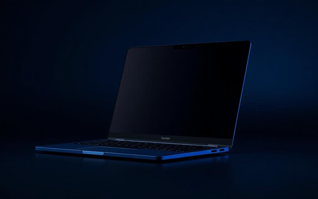Slim blue 14-inch OLED laptop, open at an angle